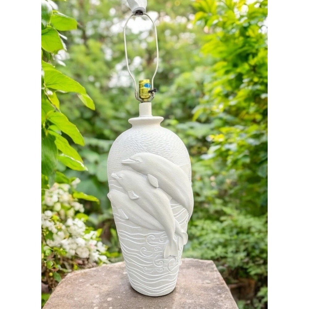 RARE 80s Dolphin Lamp 36"H Retro Sculpted Off White Sand Color Finial Tail Miami